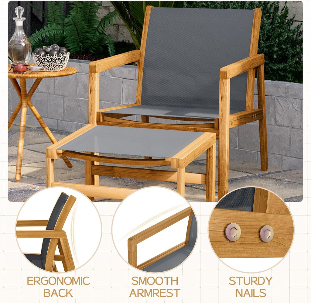 Devoko Patio Furniture Set 4 Piece Outdoor Conversation Set Acacia Wood and Textile Chairs with Footstool for Patio, Lawn, Garden, Poolside