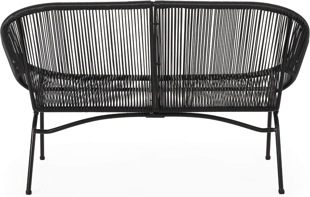 Christopher Knight Home Dessa 3 Piece Patio Furniture Set, Patio Wicker Accent Chair Set of 2 and Loveseat, Metal Frame 4 Seater Outdoor Papasan Lounge Chair Set, PE Rattan Outdoor Bistro Set, Black