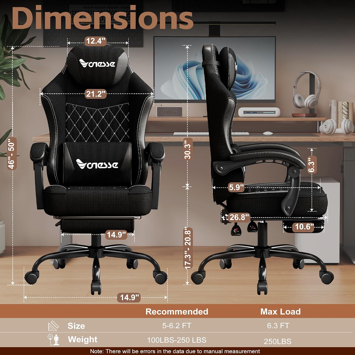 Vonesse Office Chair, Gaming Chair with Linen Breathable Mesh Fabric, Desk Chair with Adjustable Lumbar Support, Executive Computer Chairs with Footrest and Headrest (Black)
