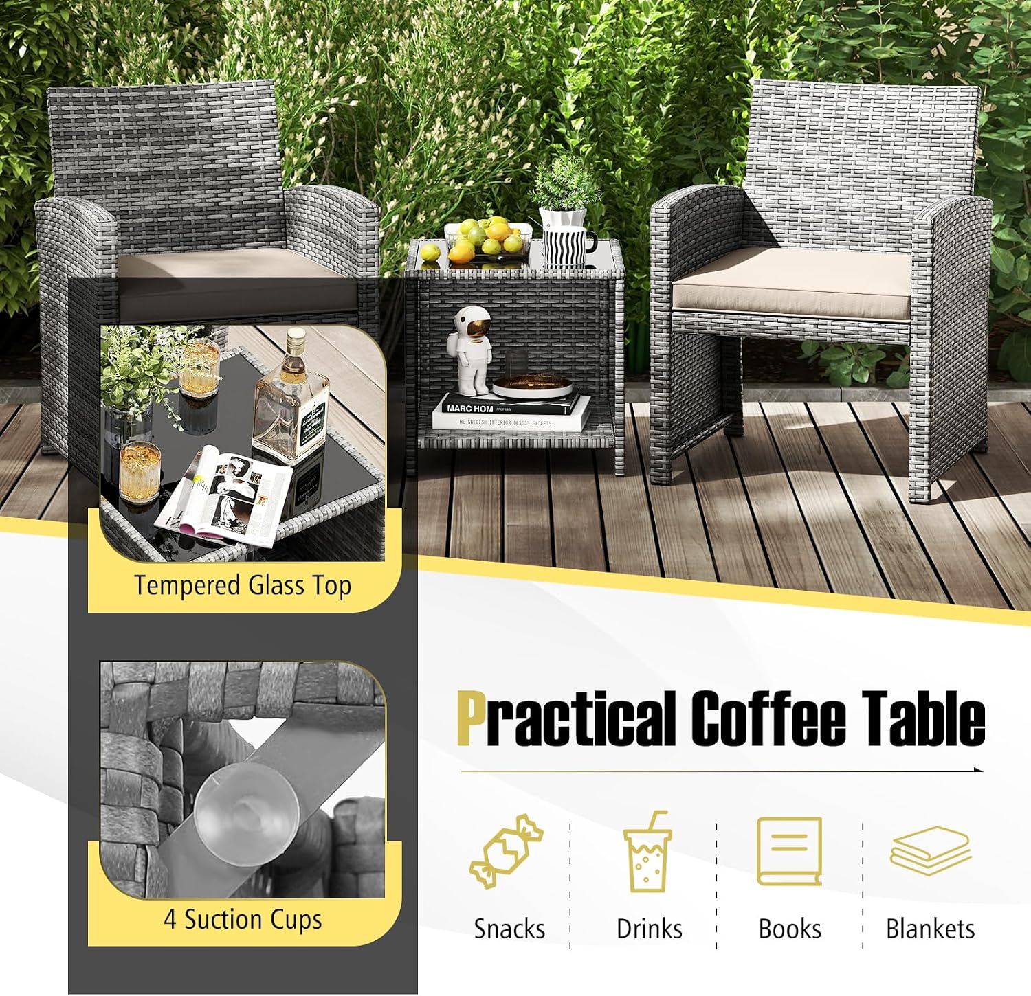 Tangkula 3 Pieces Patio Furniture Set, PE Rattan Outdoor Chairs with Tempered Glass Coffee Table & Soft Seat Cushions, Patio Bistro Set, Outdoor Conversation Set for Porch, Backyard Poolside (White)