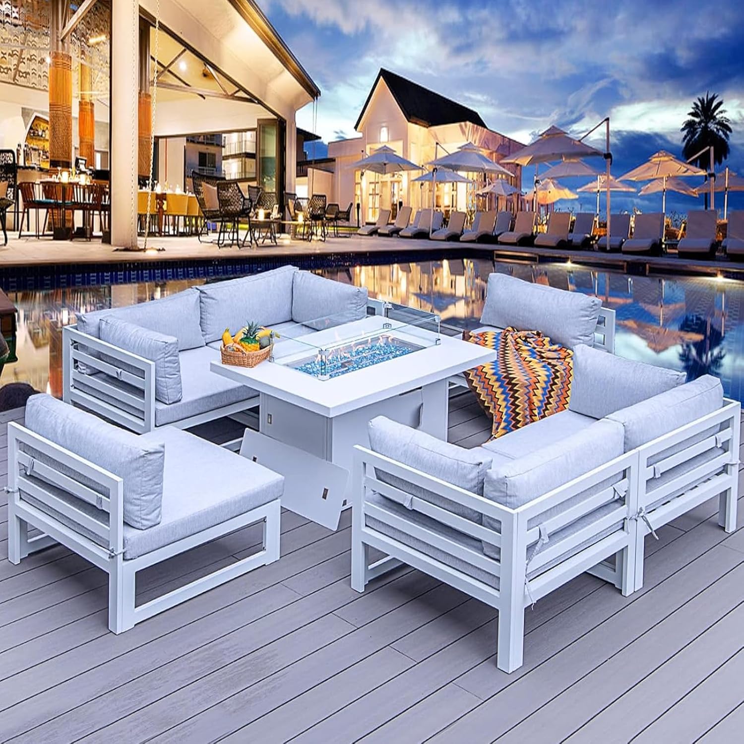 RADIATA 7 Piece Luxury Aluminum Outdoor Sectional Sofa with Fire Pit Table, Oversized L Shaped Patio Furniture Set, 29 inch Deep Wide Seating, 500 lbs Heavy Duty Comfy Conversation Set for Yard, White