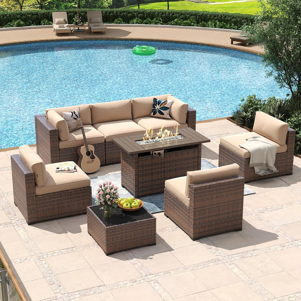 Aoxun 8 Piece Patio Furniture Set with 44' Fire Pit Table Wicker Rattan Outdoor Sectional Sofa Set with Coffee Table and Thickened Cushions, Beige (Waterproof Cover Included)