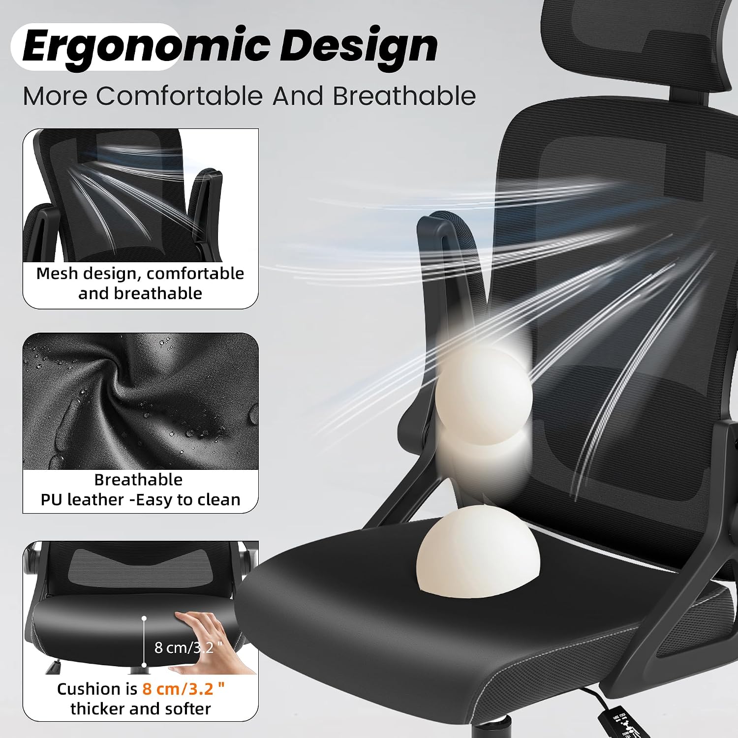Fizzin Office Chair, Ergonomic Office Chair with Adjustable Headrest Lumbar Support Computer Chair, Desk Chair Comfy with Flip-up Armrests, Gaming Chairs for Adults Home Office (Leather, Black)