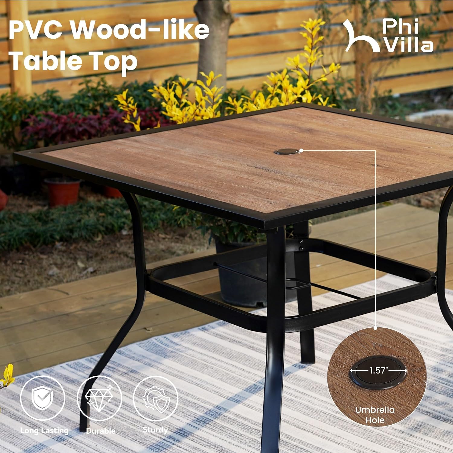 PHI VILLA 5 Piece Outdoor Patio Dining Set with 4 Padded Swivel Dining Chairs & 1 Wood-Look Dining Table, All Weather Blue Chair and Metal Table for Deck Lawn Garden