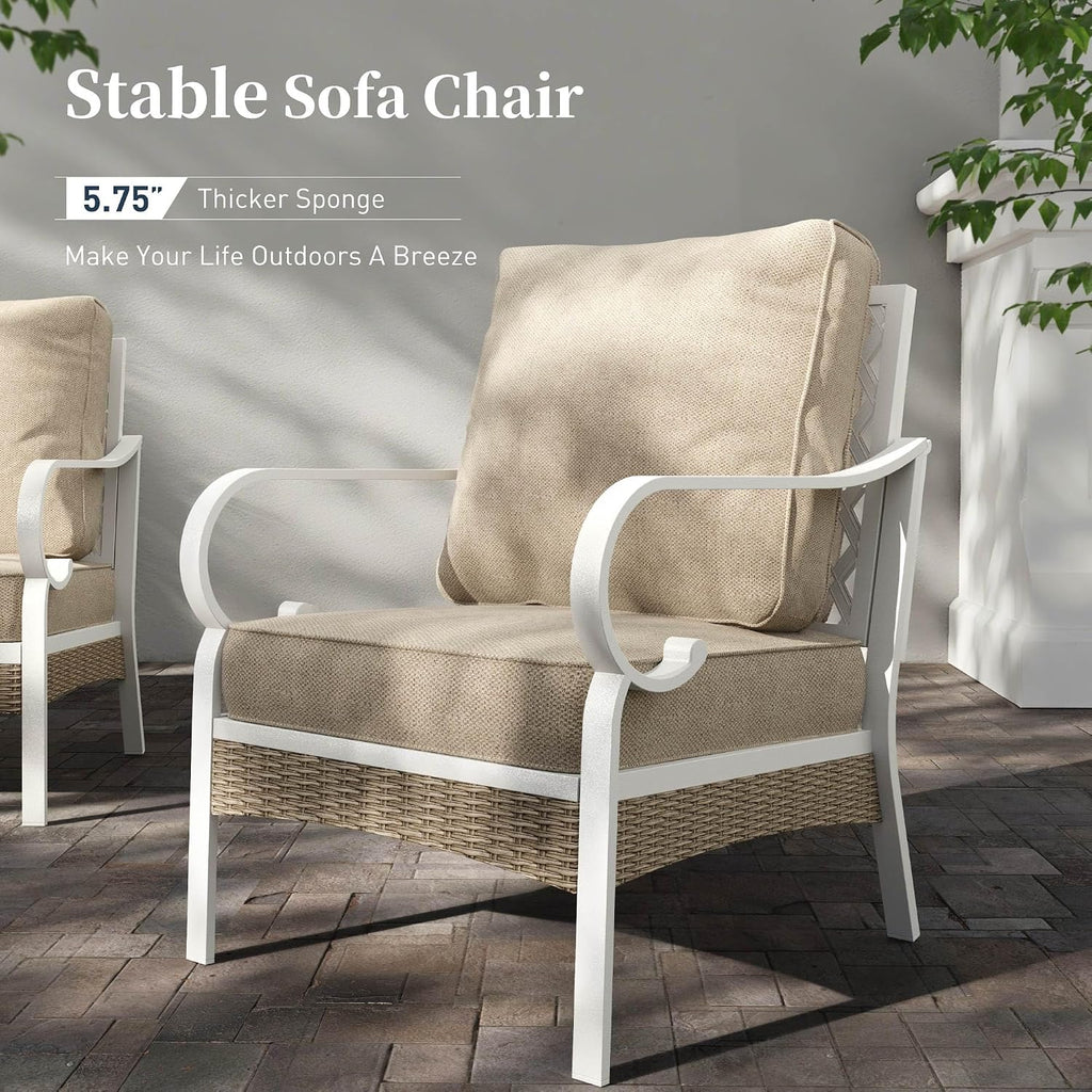 SUNSHINE VALLEY 6 Piece Metal Outdoor Patio Furniture Set, Patio Conversation Set 1 3-Seater Sofa, 2-Seater Sofa, 2 Fixed Chair with 5.75' Thick Cushion & Coffee Table White Backyard Furniture, Beige