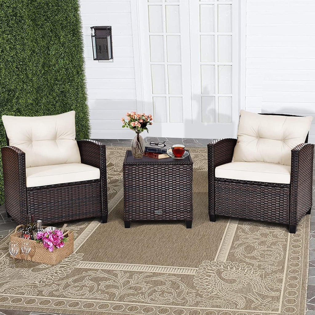 RELAX4LIFE 3 Piece Patio Furniture Set, Wicker Bistro Conversation Set w/ 2 Cushioned Armchairs & Glass Topped Table, Outdoor Rattan Sofa for Porch Balcony Poolside (White)