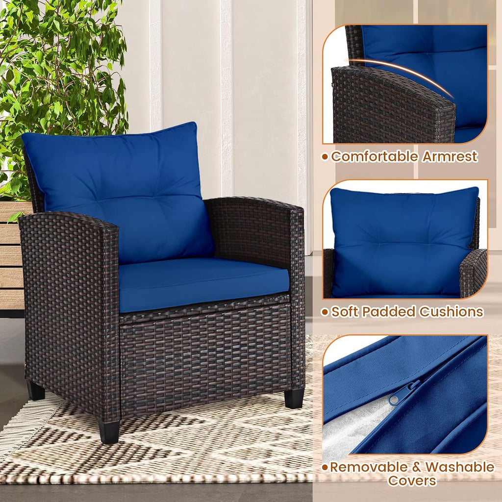 ORALNER 3 Pieces Patio Furniture Set, Outdoor Wicker Conversation Set Rattan Chairs with Cushions, Glass Coffee Table, Bistro Set for Front Porch Balcony Garden Deck Poolside (Navy)