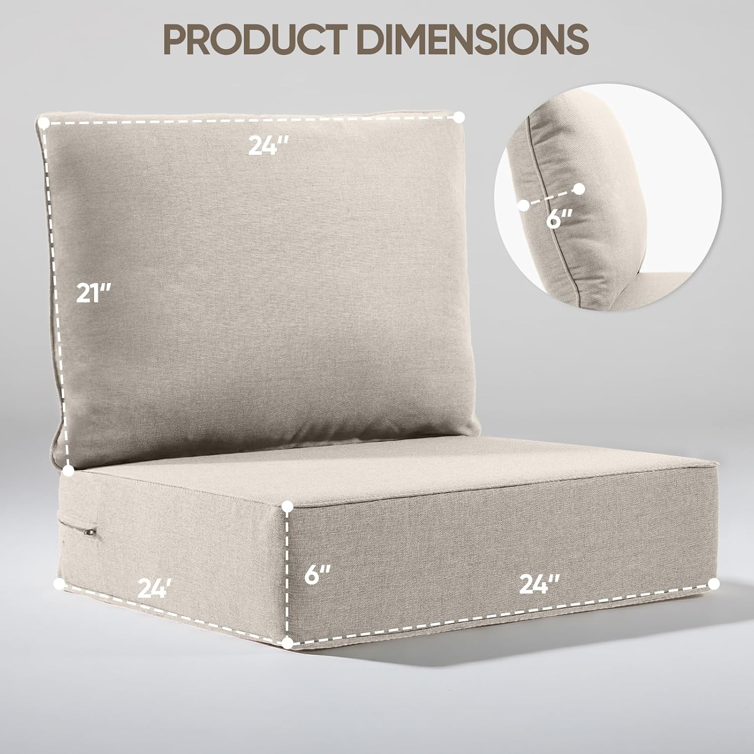6' Thick Outdoor Cushion, 24*24*6' Patio Furniture Cushions with Waterproof Patio Furniture Cushions with Removable Cover, 28D High Density Patio Cushion for Outdoor Furniture, Beige-6pcs