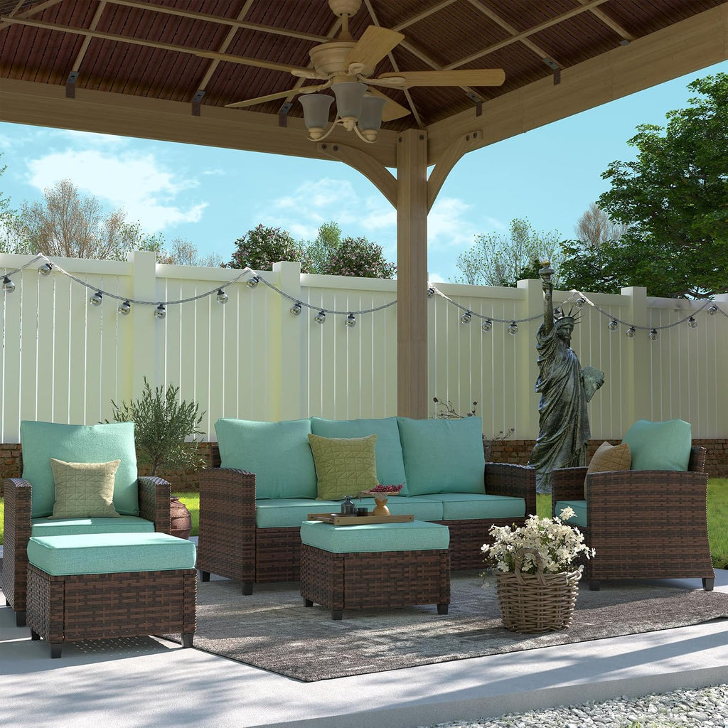 UDPATIO Patio Furniture Set, 5 Pieces Outdoor Sectional Sofa Set, All-Weather Wicker Rattan High Back Patio Conversation Set with Ottoman for Poolside, Backyard, 4' Thick Cushions, Light Blue