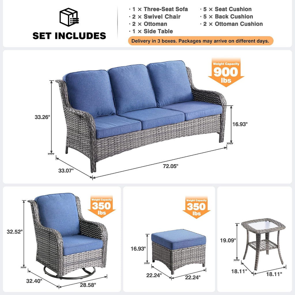 ovios 6-Pieces Patio Furniture Set, Outdoor Wicker Sofa Couch with Swivel Glider Chairs Comfy Cushions, High Back Modern Conversation Set, Grey Rattan, Denim Blue