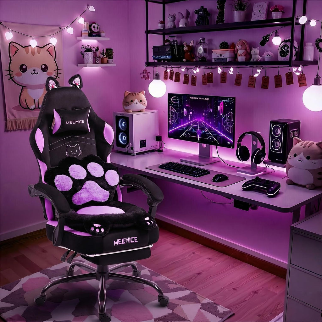 Pink Gaming Chair Cute with Cat Ears Paw Lumbar and Cushion,Ergonomic Computer Chair with Footrest,Reclining PC Game Chair for Girl Computer Chair 300lbs for Adult, Black and Purple