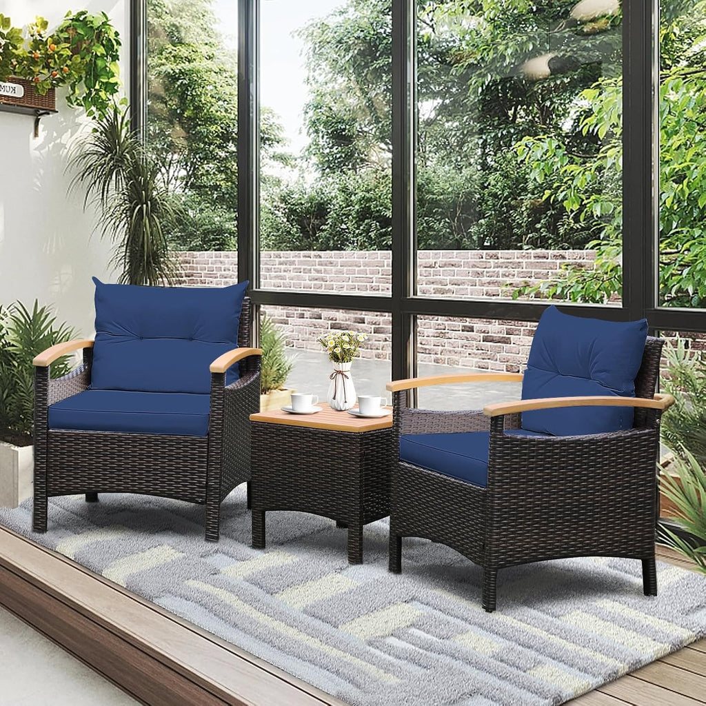 Tangkula 3-Piece Patio Furniture Set, Patiojoy Outdoor Rattan Sofa Set with Coffee Table, Patio Conversation Set with Removable Cushion, Cozy Acacia Wood Armrests for Backyard, Poolside (Navy)
