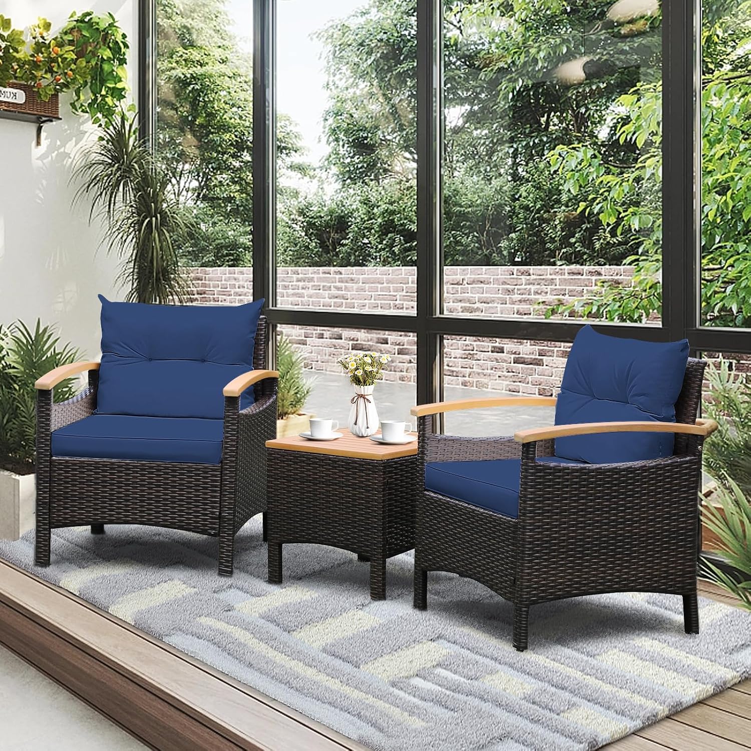 Tangkula 3-Piece Patio Furniture Set, Patiojoy Outdoor Rattan Sofa Set with Coffee Table, Patio Conversation Set with Removable Cushion, Cozy Acacia Wood Armrests for Backyard, Poolside (Navy)