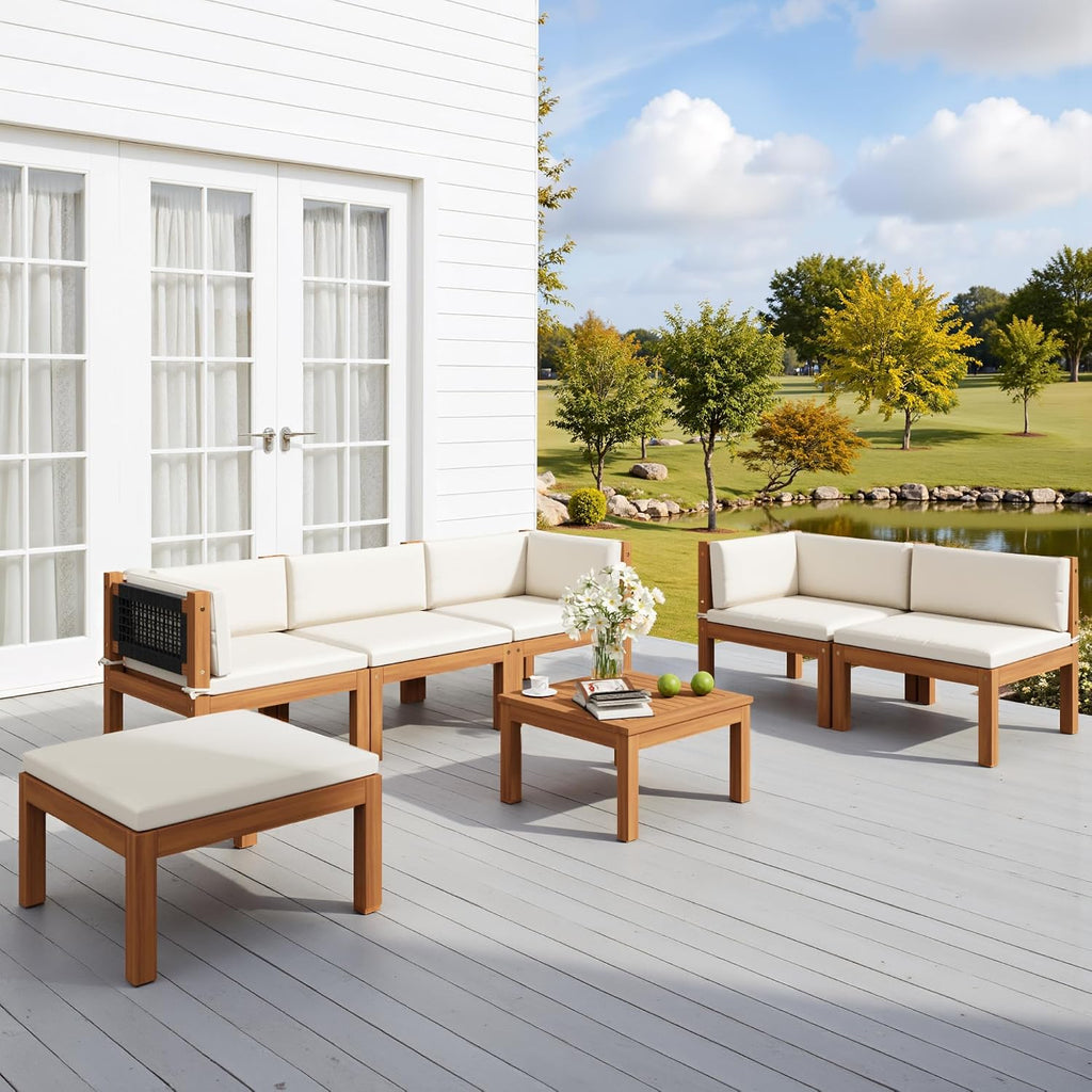 Devoko 7 Piece Acacia Wood Patio Sofa, Outdoor Sectional Coach and Love Seat with Coffee Table, Acacia Wood Patio Furniture Set for Balcony,Porch,Garden