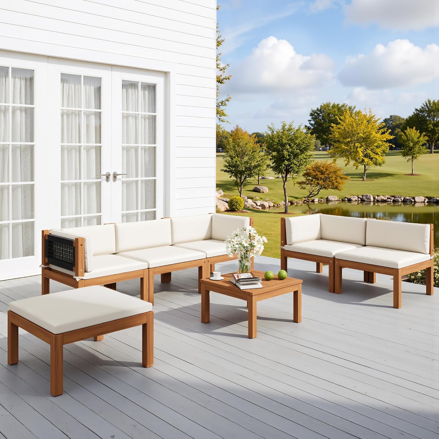 Devoko 7 Piece Acacia Wood Patio Sofa, Outdoor Sectional Coach and Love Seat with Coffee Table, Acacia Wood Patio Furniture Set for Balcony,Porch,Garden