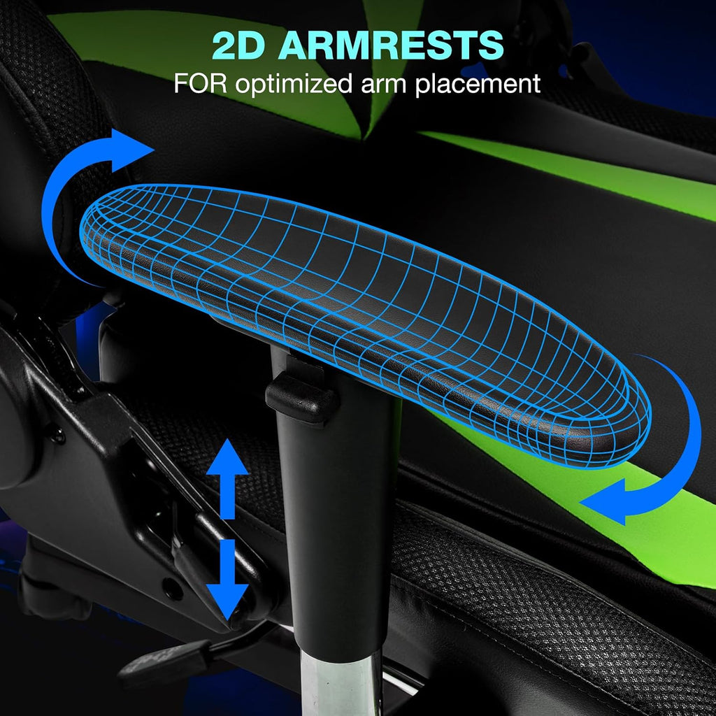 HOFFREE Gaming Chair with Bluetooth Speakers and Led Lights Massage Video Game Chair with Footrest Reclining High Back Computer Gamer Chair Green and Black
