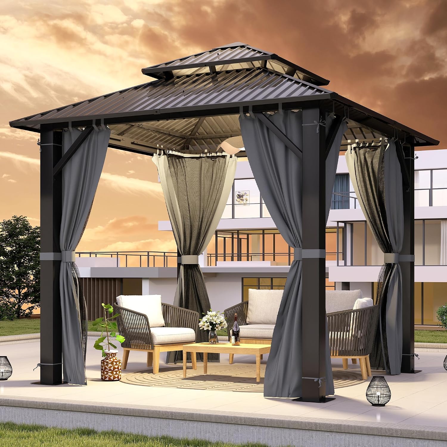 GARTOO 8.5x8.5FT Outdoor Hardtop Gazebo with Double Roof - Aluminum Heavy-Duty Steel Top Gazebo with Breathable Netting & Privacy Curtain for Patio, Porch, Garden, Lawn, Deck, Backyard