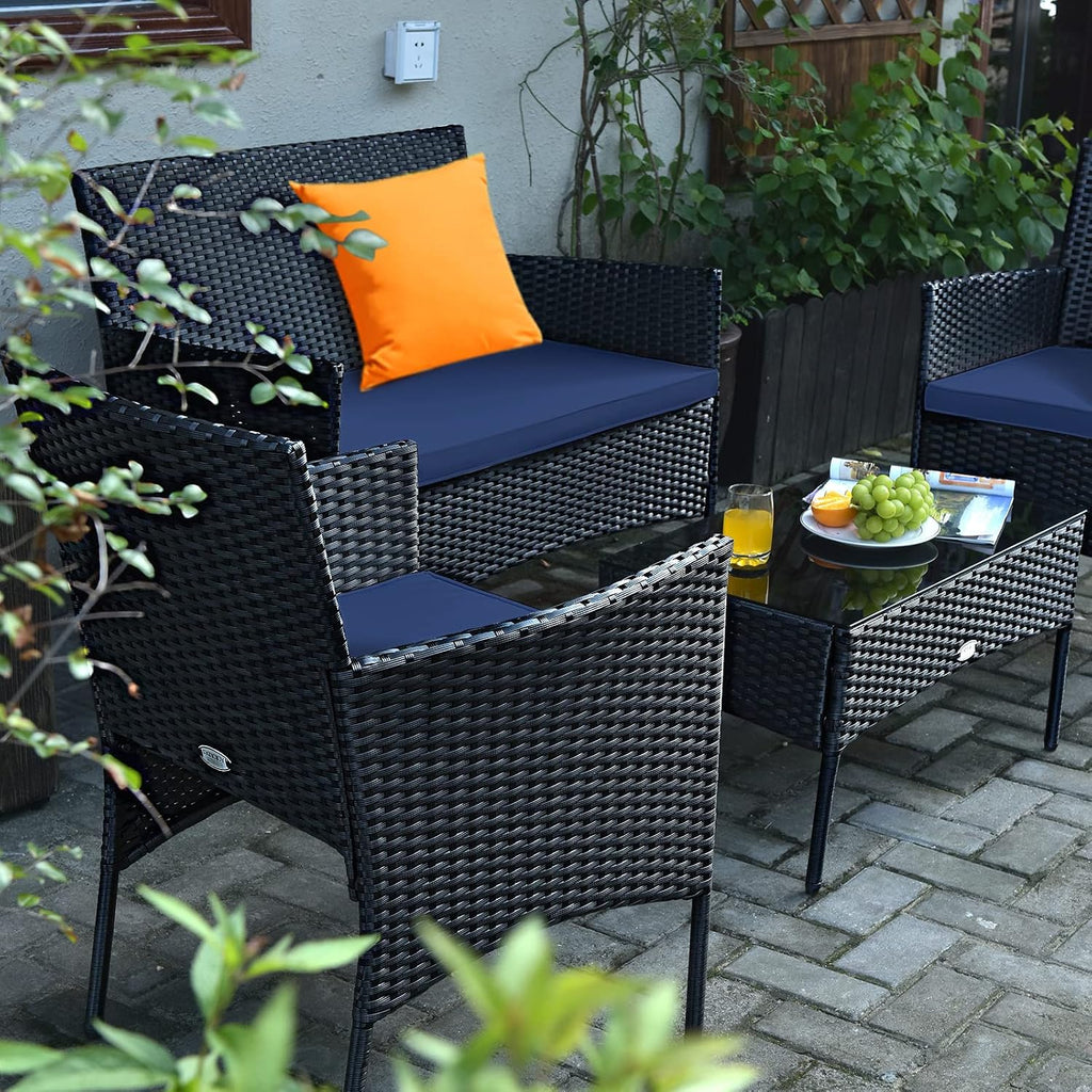 Tangkula 8 Piece Patio Furniture Set, Outdoor Wicker Conversation Set with Tempered Glass Coffee Table, Rattan Loveseat & Chairs Set with Seat Cushions for Backyard, Garden, Poolside (2, Navy)