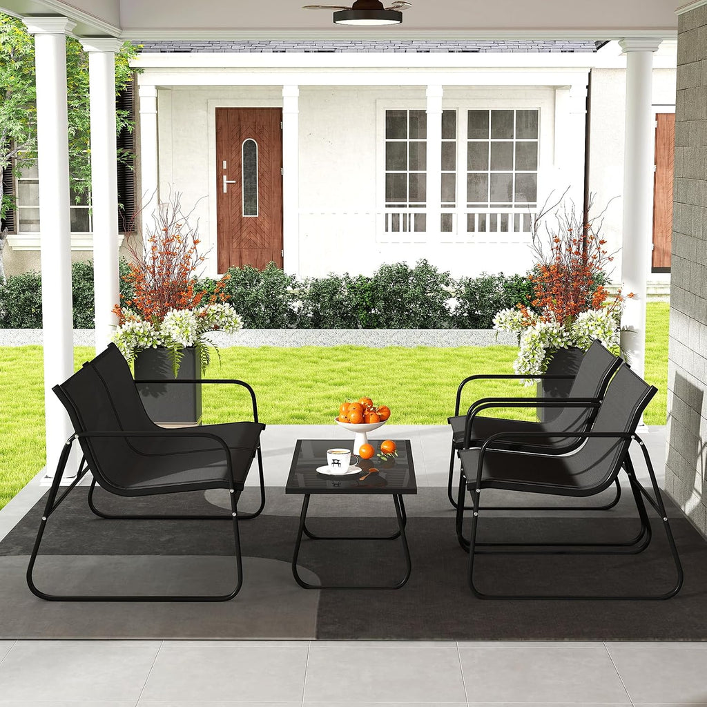 Tangkula 8 Piece Patio Furniture Set, Outdoor Metal Conversation Chair & Coffee Table Set with Mesh Seat Fabric & Tempered Glass Tabletop, Outside Bistro Set for Backyard, Porch, Poolside (Black)
