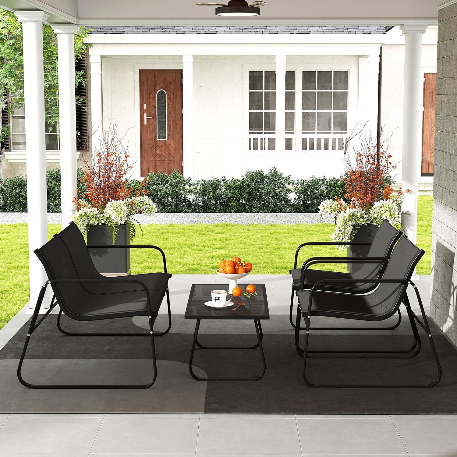 Tangkula 8 Piece Patio Furniture Set, Outdoor Metal Conversation Chair & Coffee Table Set with Mesh Seat Fabric & Tempered Glass Tabletop, Outside Bistro Set for Backyard, Porch, Poolside (Black)