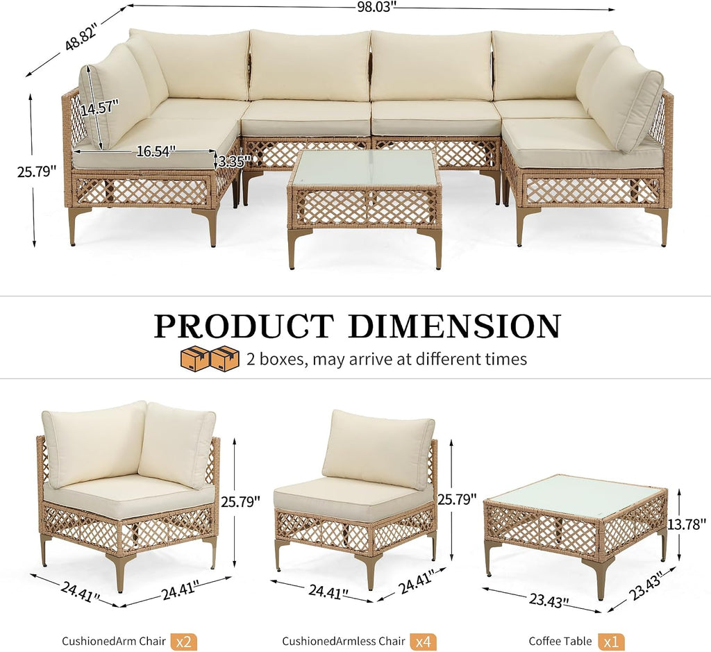 FHFO 7 Piece Patio Furniture Set, Outdoor Wicker Modular Sectional Patio Conversation Set with Thicker Cushion & Tempered Glass Coffee Table for Backyard, Poolside, Porch (Yellow/Beige)