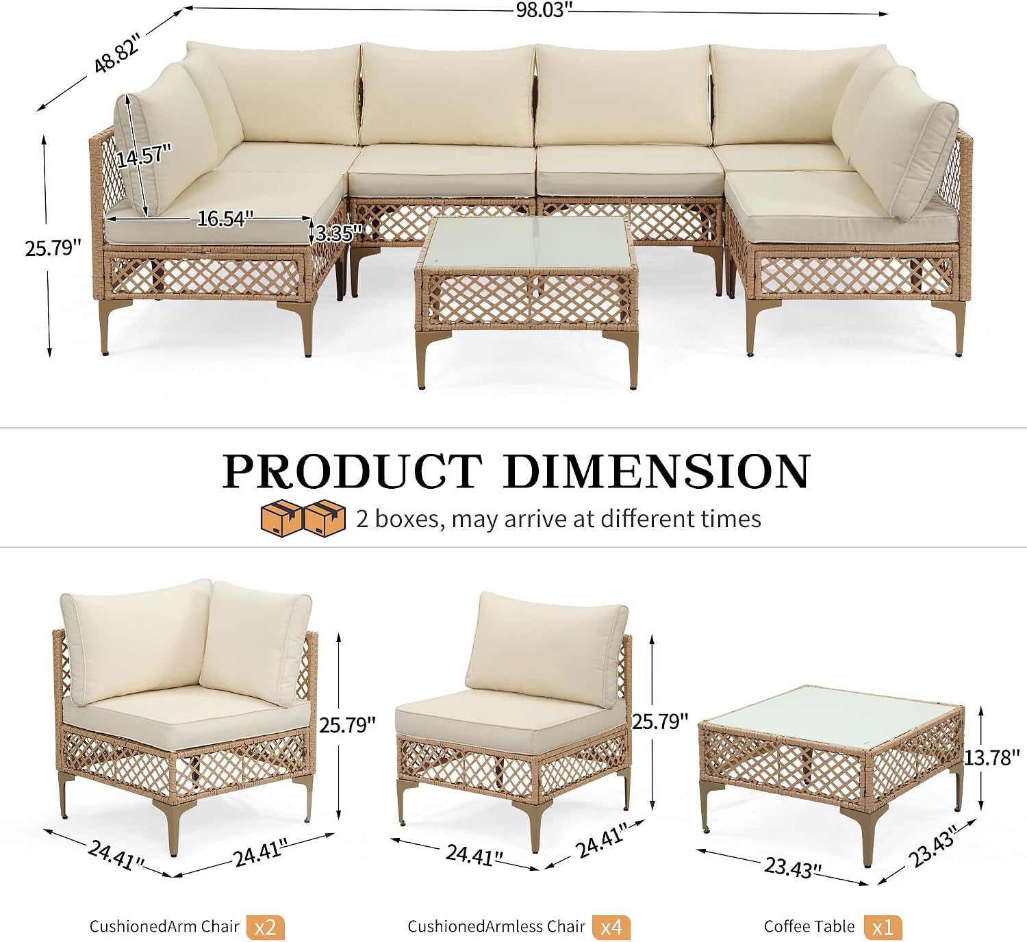 FHFO 7 Piece Patio Furniture Set, Outdoor Wicker Modular Sectional Patio Conversation Set with Thicker Cushion & Tempered Glass Coffee Table for Backyard, Poolside, Porch (Yellow/Beige)