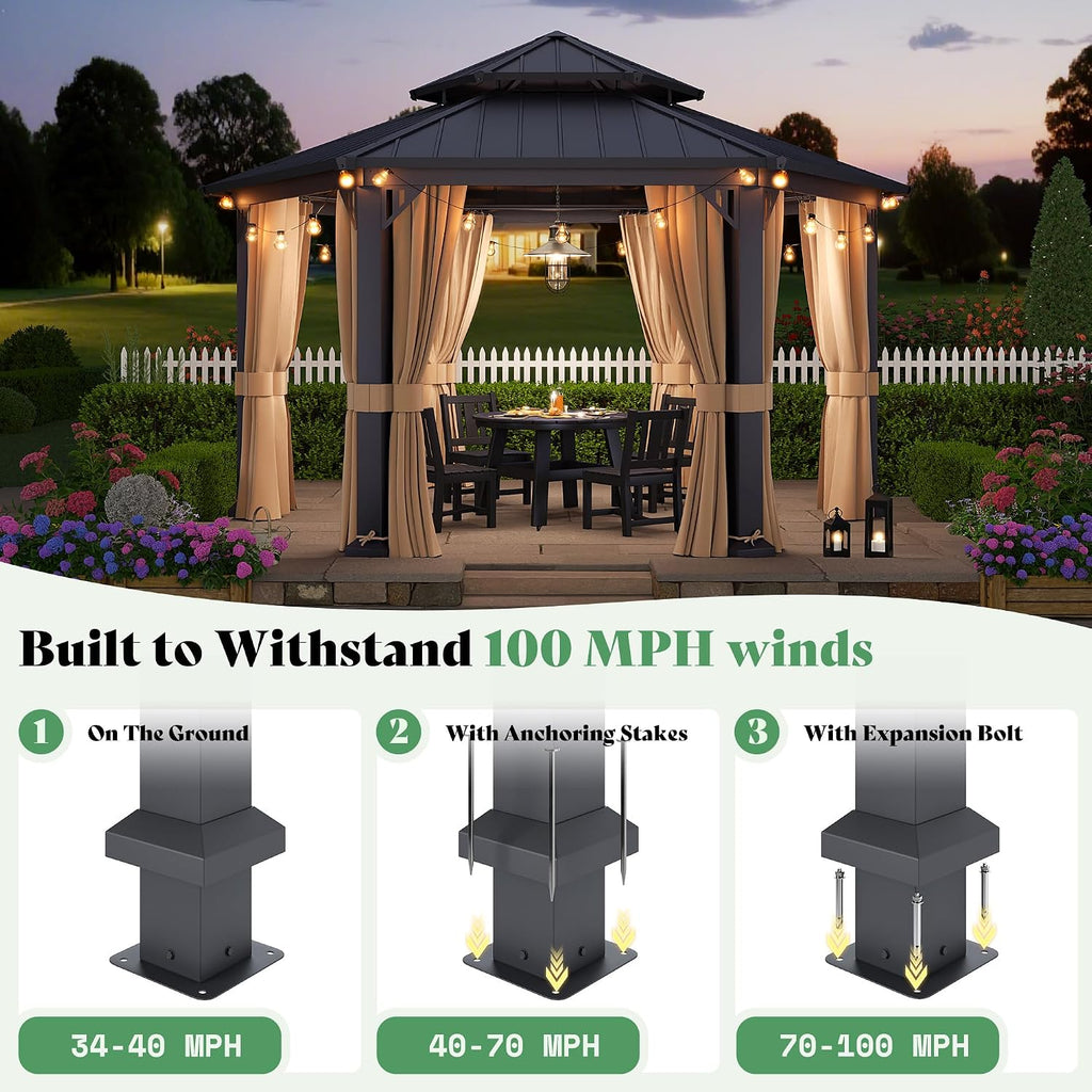 AMERLIFE 13X15FT Hardtop Gazebo, Hexagon Metal Patio Gazebo, Double Tiered Patio Pavilion with Aluminum Foot, Ceiling Hook, for Patio Lawn Garden, Backyard Shade, Netting and Curtains Included