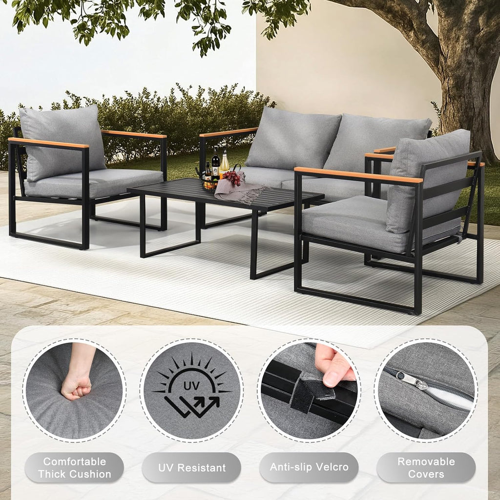 VINGLI Outdoor Metal Patio Furniture Sets 4-Piece, Sectional Outdoor Conversation Sets w/Iron Coffee Table, Patio Couch with Removable Cushion for Porch, Garden, Poolside