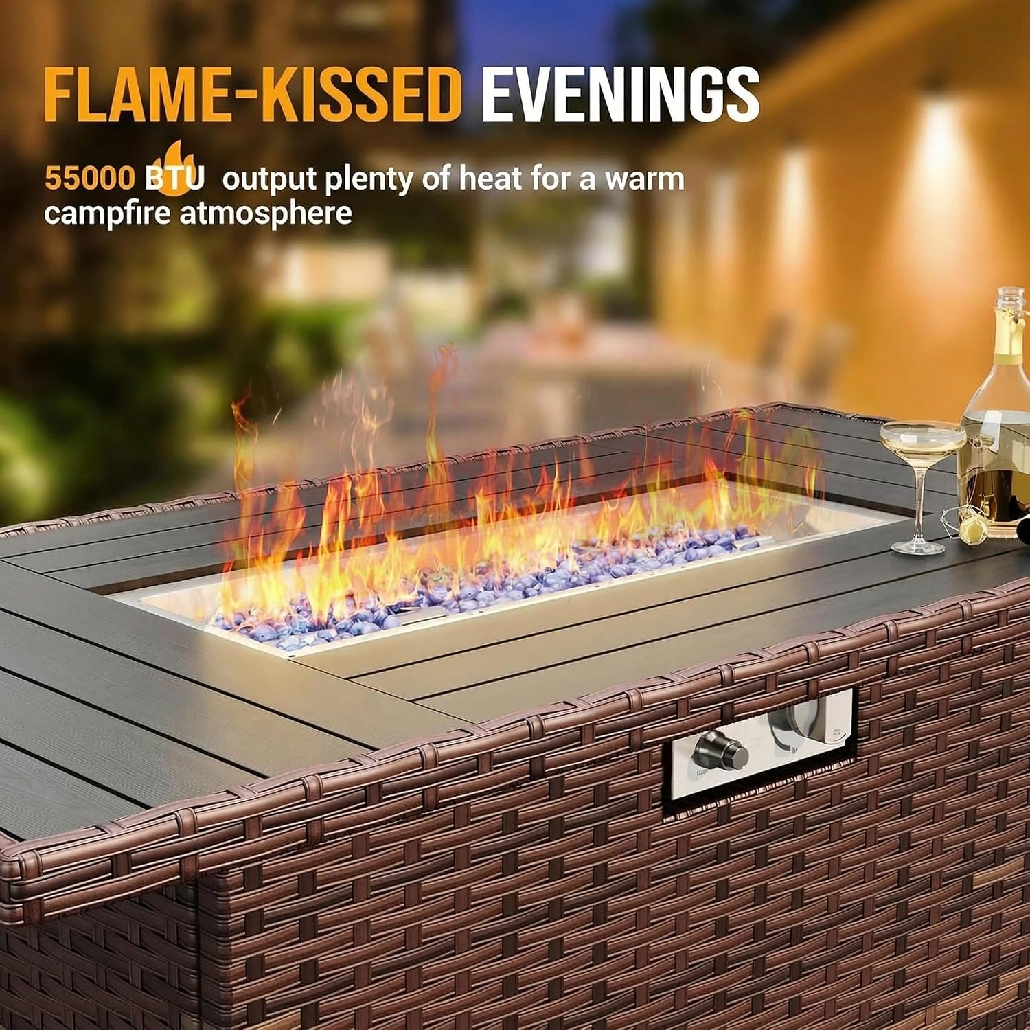 Outdoor Patio Furniture Set with 44' Fire Pit Table 8 Pieces Rattan Patio Sectional Sofa Conversation Set w/55000 BTU Propane Gas Fire Pit, Coffee Table, 2 Waterproof Covers, Blue