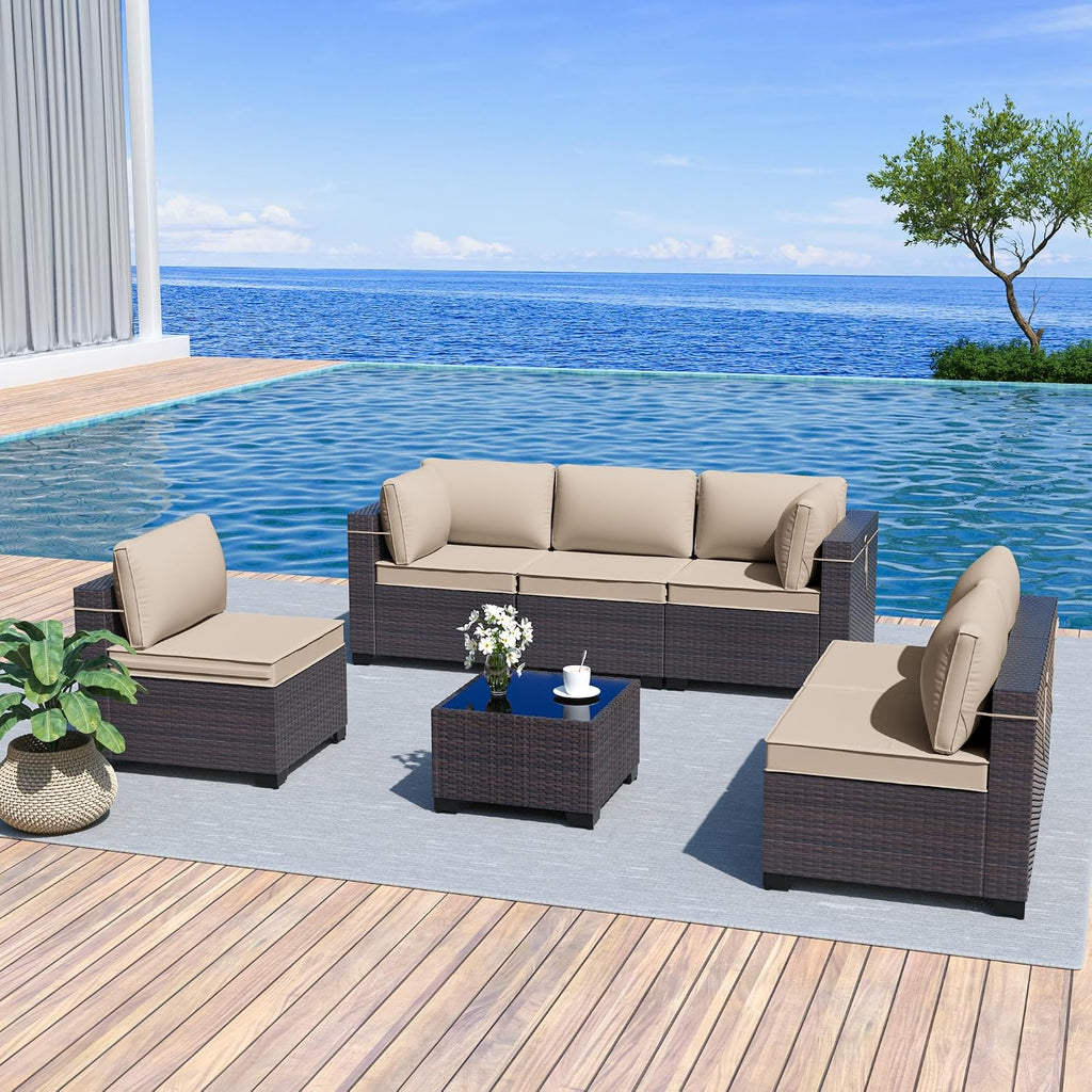 Kurapika 7 Pieces Patio Furniture Set, Rattan Wicker Outdoor Conversation Sets w/4 Inch Cushion and Glass Coffee Table(Sand)