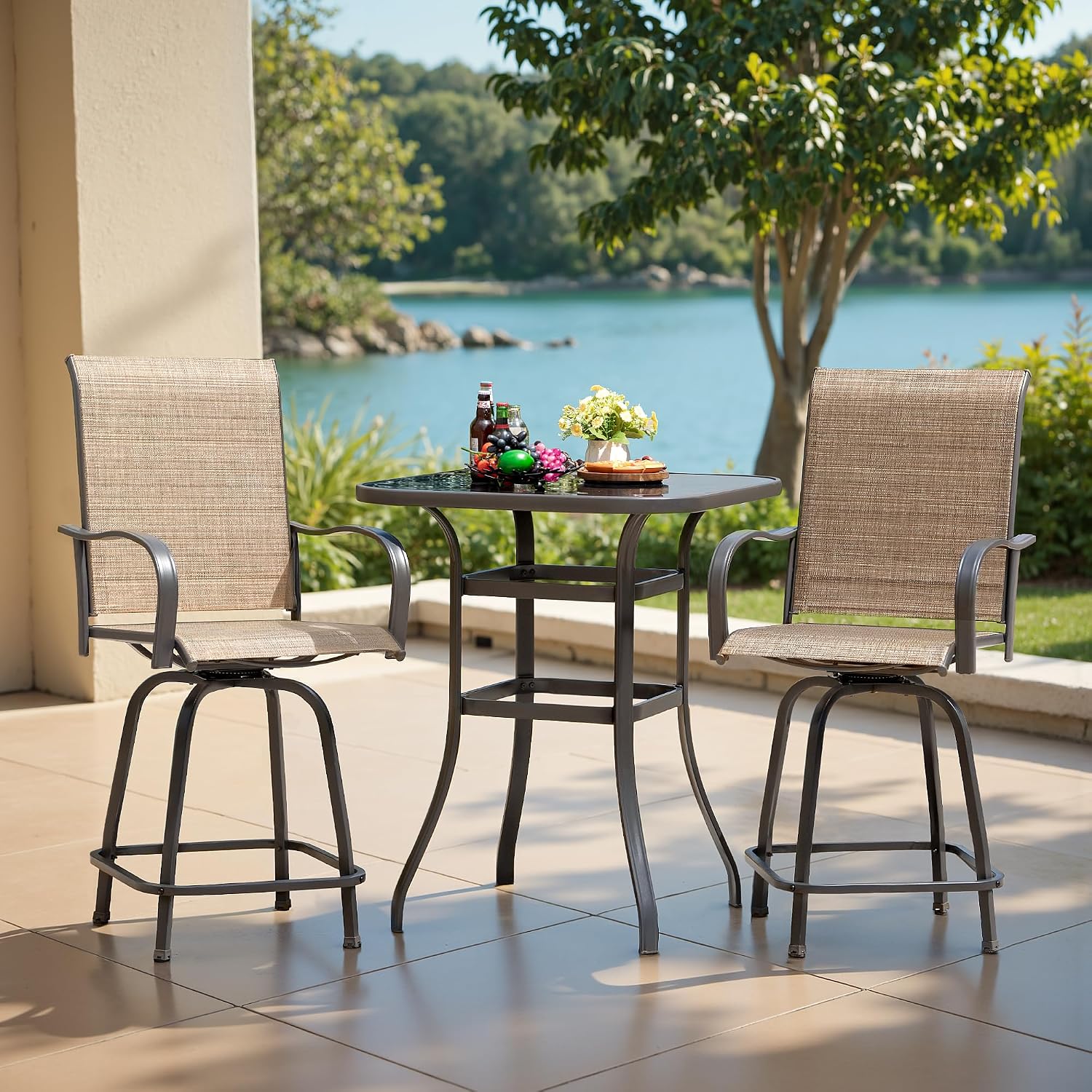 Devoko Patio Bar Stools Set of 2 All-Weather Outdoor Patio Furniture Set Counter Height Tall Patio Swivel Chairs for Bistro, Lawn, Garden, Backyard