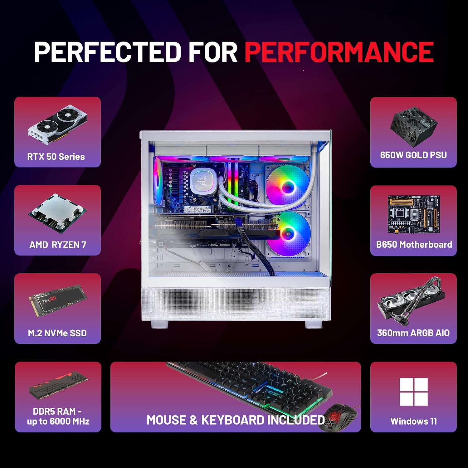 Skytech Gaming Azure 3 Gaming PC, AMD Ryzen 7 7800X3D 4.2GHz, NVIDIA RTX 5060 Ti 16GB VRAM, 1TB Gen4 NVMe SSD, 16GB DDR5 RAM 6000, 650W Gold PSU, 360 ARGB AIO, WI-FI 5, Windows 11, Desktop