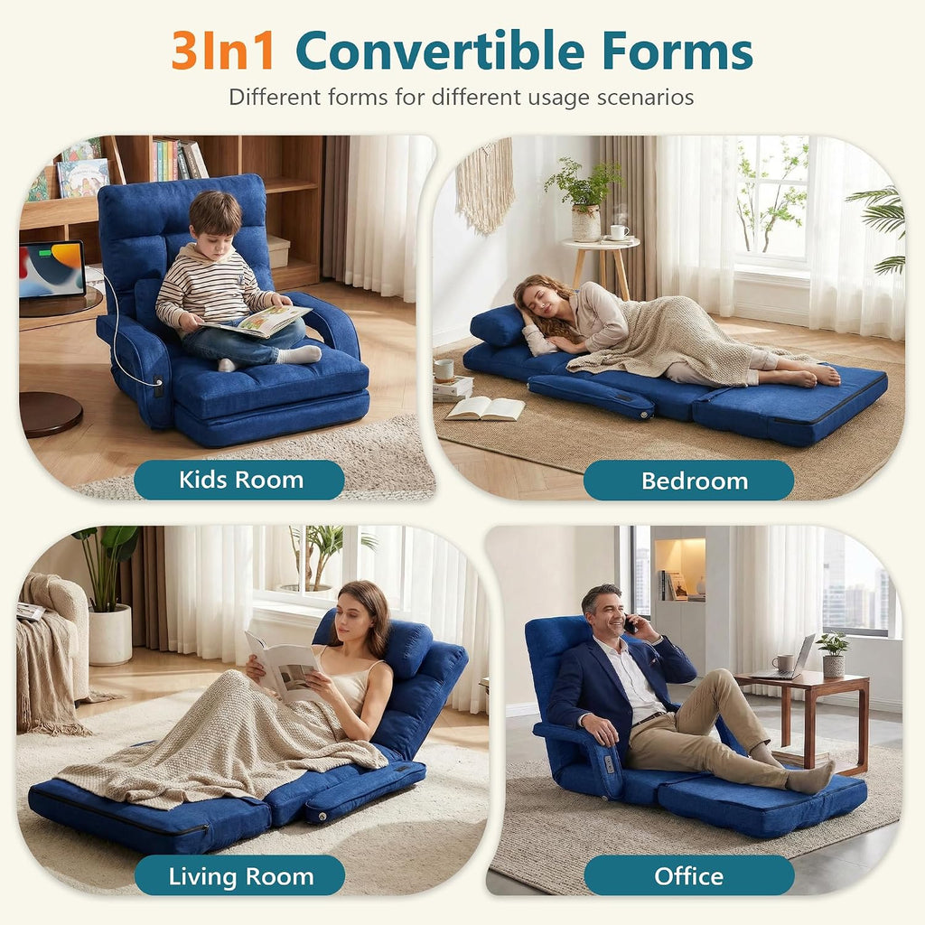 STHOUYN Comfy Bedroom Chair with 2 USB Charging Ports, 5-Position Floor Couch Gaming Chairs for Adults, Lounge Chair Indoor Folding Lazy Sofa Meditation Arm Dorm Chair Living Room (Navy Blue)