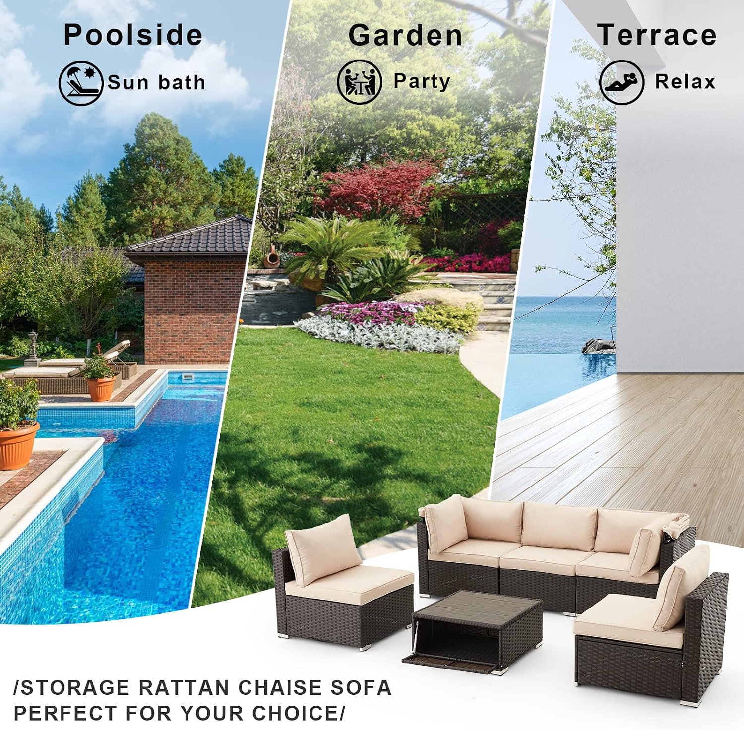 HOMREST 6 Pieces Patio Furniture Sets, Rattan Daybed with Retractable Canopy, Outdoor Sectional Sofa Set with Adjustable Backrest, Chaise Chair Sunbed for Garden Poolside Backyard(Khaki)