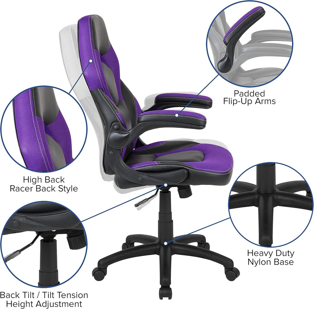 Flash Furniture X10 Gaming Chair Racing Office Ergonomic Computer PC Adjustable Swivel Chair with Flip-up Arms, Purple/Black LeatherSoft