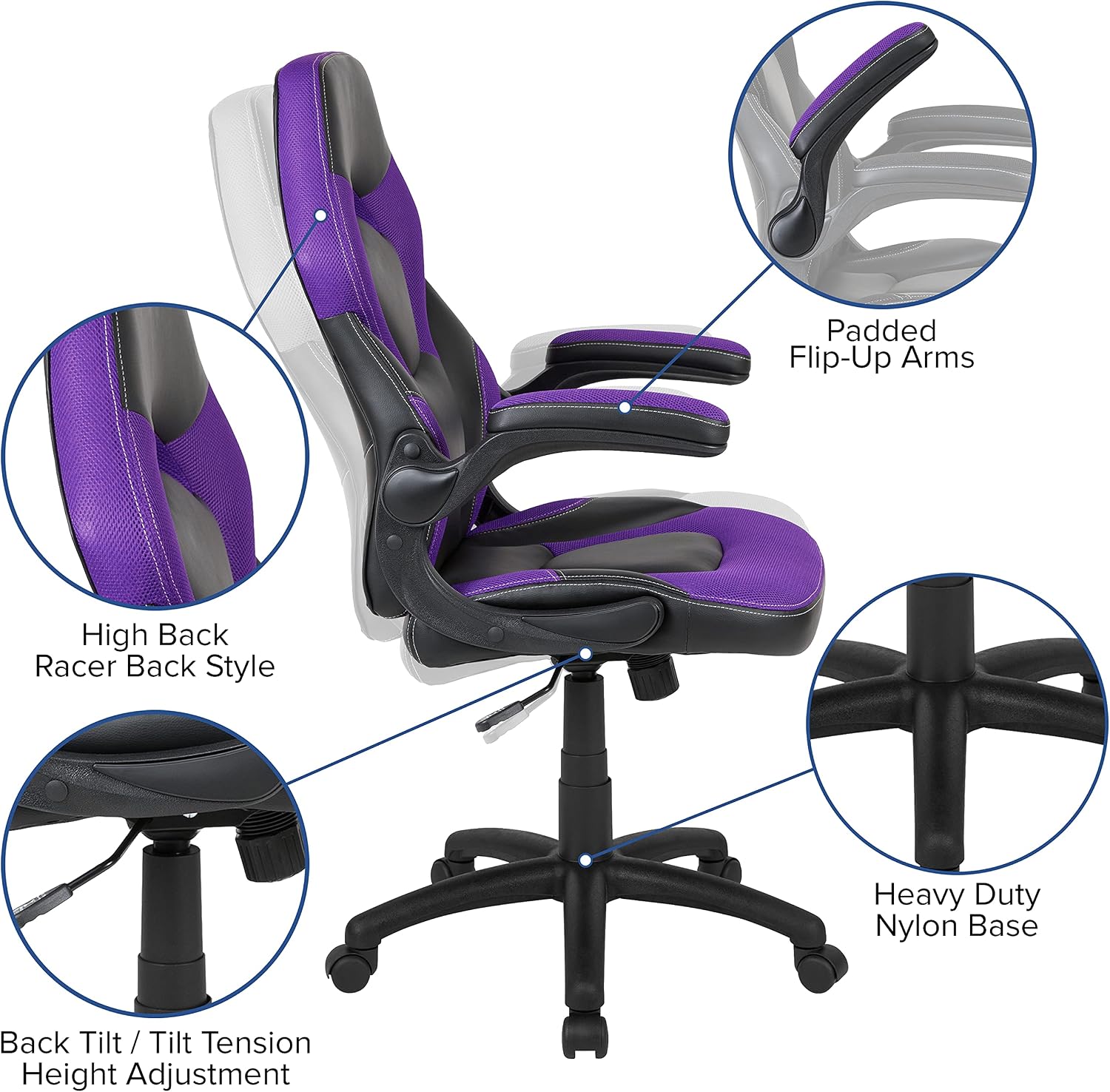 Flash Furniture X10 Gaming Chair Racing Office Ergonomic Computer PC Adjustable Swivel Chair with Flip-up Arms, Purple/Black LeatherSoft