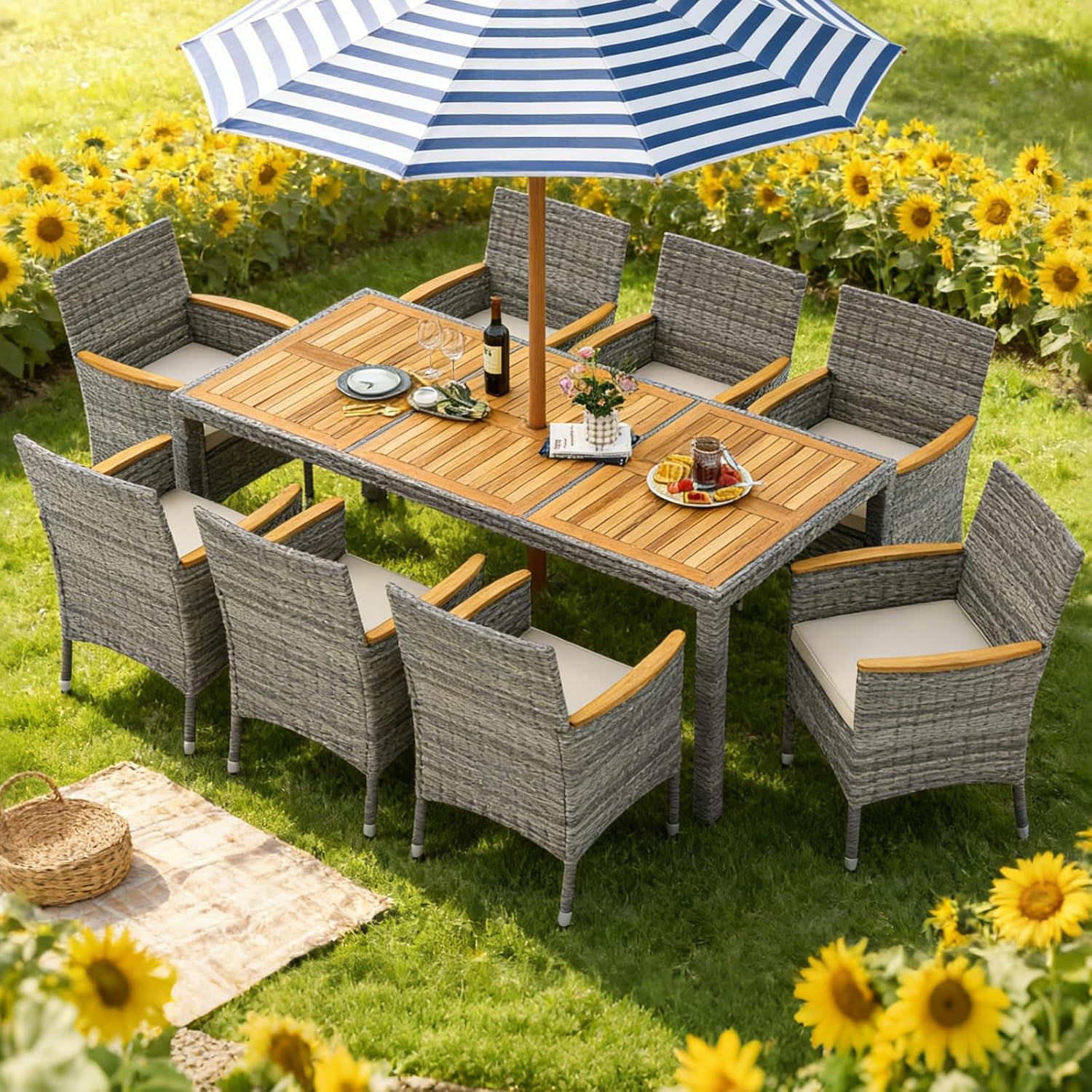 COSTWAY 9-Piece Patio Dining Set for 8, Outdoor Rattan Wicker Table and Chairs Furniture Set with Umbrella Hole, Acacia Wood Tabletop for Backyard, Balcony, Poolside, Grey & White