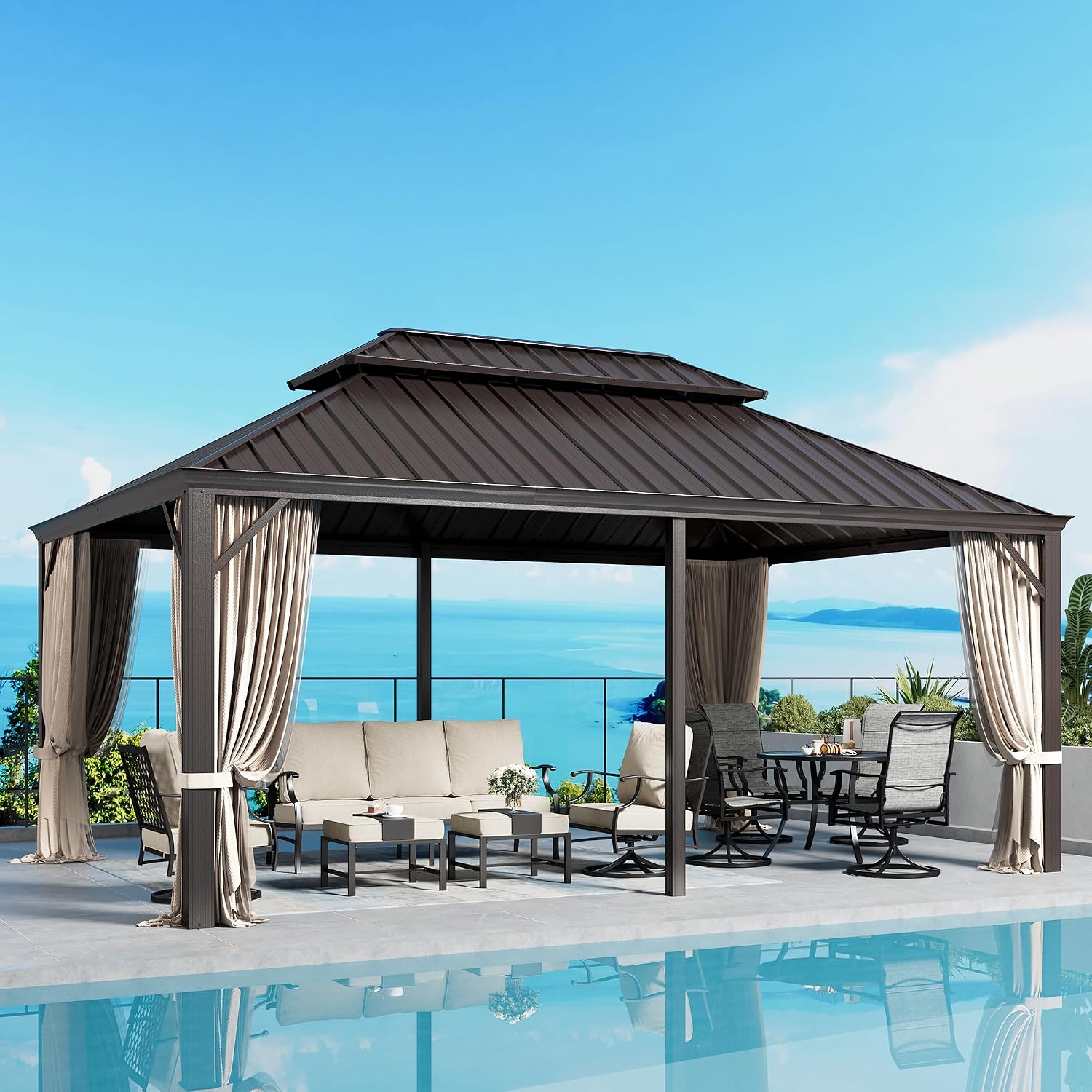 SUNSHINE VALLEY 12'x18' Hardtop Gazebo, Permanent Aluminum Outdoor Gazebo with Galvanized Steel Double Roof & Gutter System, Heavy Duty Patio Pavilion Canopy with Netting and Curtains for Deck, Garden