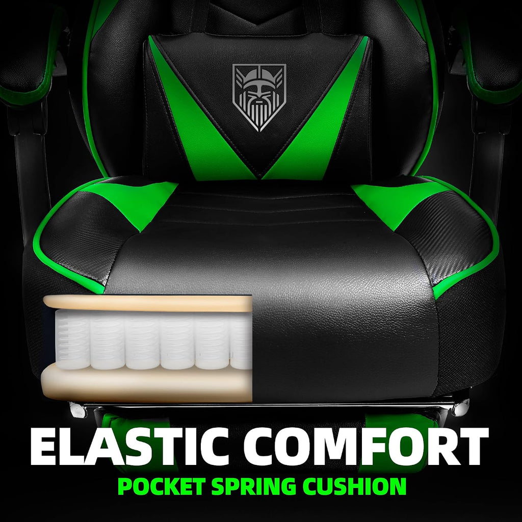 Vonesse Gaming Chair, High Back Gaming Chair with Footrest and Massage, Gaming Chairs for Adults with Pocket Spring Cushion, Big and Tall Reclining Computer Chair with Lumbar Support (Green/Black)