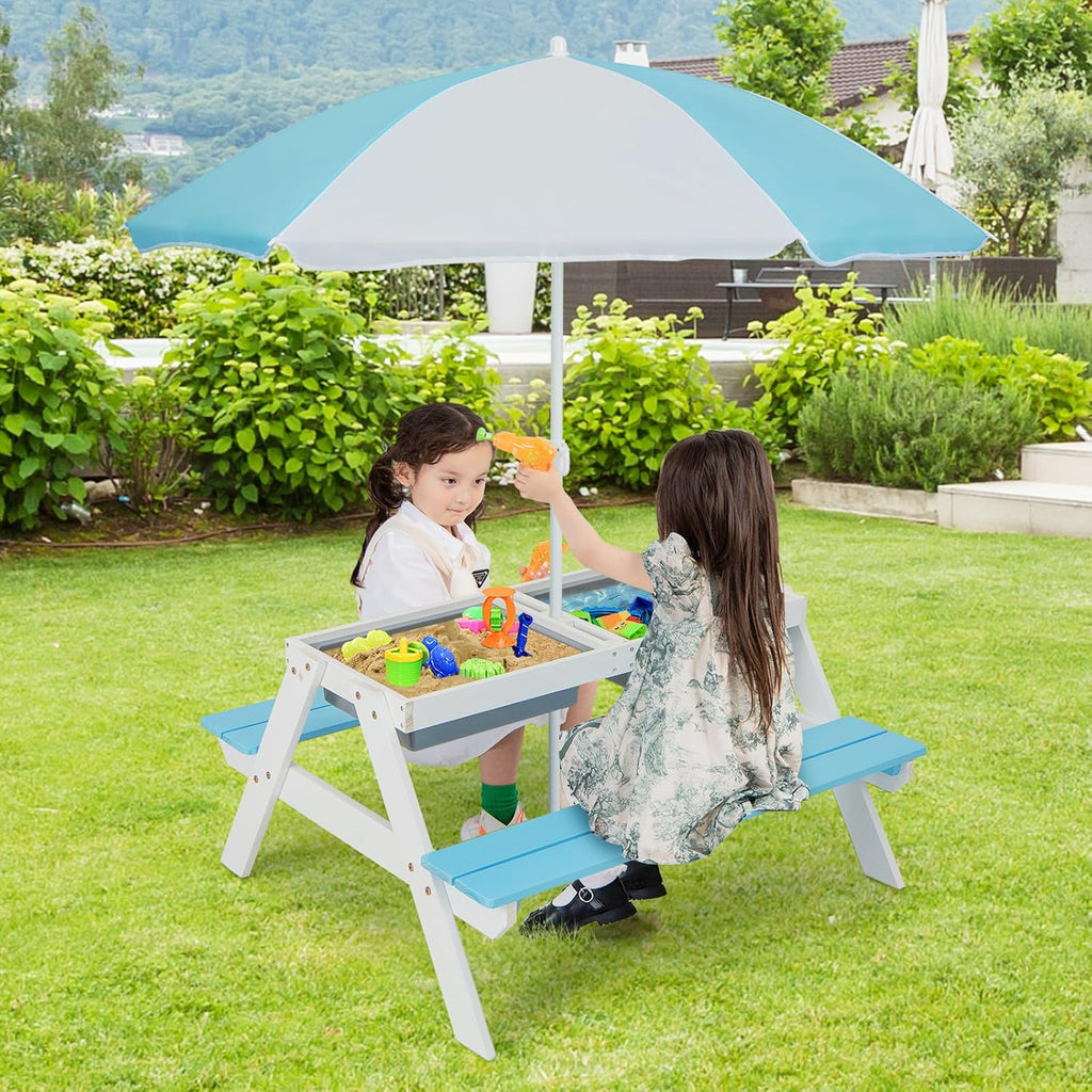 HONEY JOY Kids Picnic Table, 4 in 1 Cedar Wooden Sand & Water Table w/ 2 Removable Box & Umbrella, Kids Picnic Tables for Outdoors Backyard Garden, Toddler Patio Furniture Set for Boys Girls(Blue)