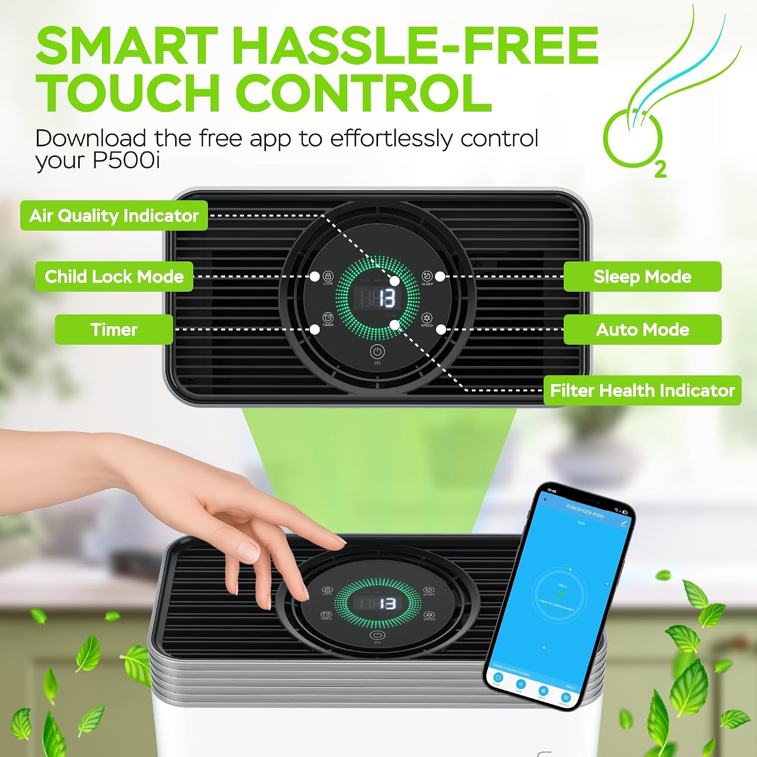 PURO²XYGEN Smart Air Purifiers For Home - Large Room Up to 2700 Sq Ft, H13 HEPA Filter, 4-Stage Filtration, WiFi App, Quiet Operation - For Smoke, Pollen, Pet Hair, Dust, Bad Smells - Office, Bedroom