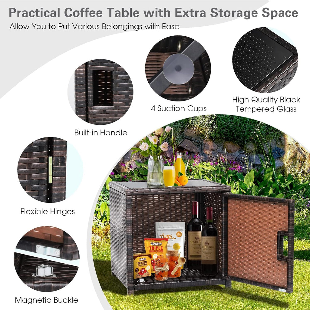 Tangkula 3 Pieces Outdoor Wicker Conversation Set with Waterproof Cover, 2 Patio PE Rattan Cushioned Chairs with Side Storage Table, Suitable for Front Porch, Balcony, Garden, Poolside and Yard (Grey)