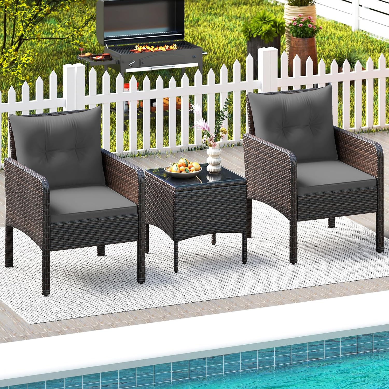 HAPPYGRILL 3 Piece Patio Bistro Set Rattan Wicker Outdoor Conversation Set with Cushions and Coffee Table, Outside Furniture with Rattan Chairs for Porch, Balcony, Deck and Garden (Gray)