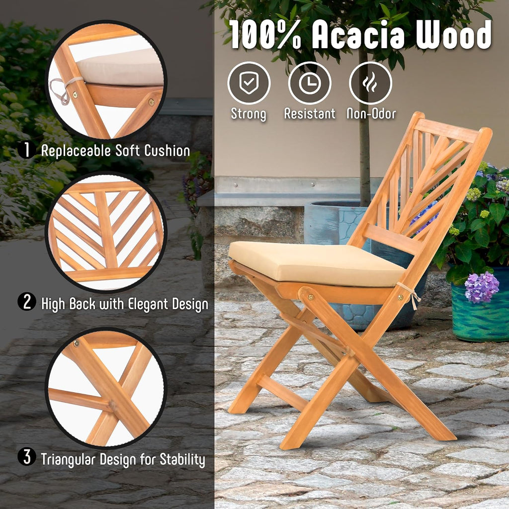 Werph 3-Piece Acacia Wood Patio Set, Foldable Bistro Table and Chairs Set of 2, Small Patio Furniture Set with Cushions, Folding Balcony Chairs Table Set for Apartment, Balcony, Deck or Porch