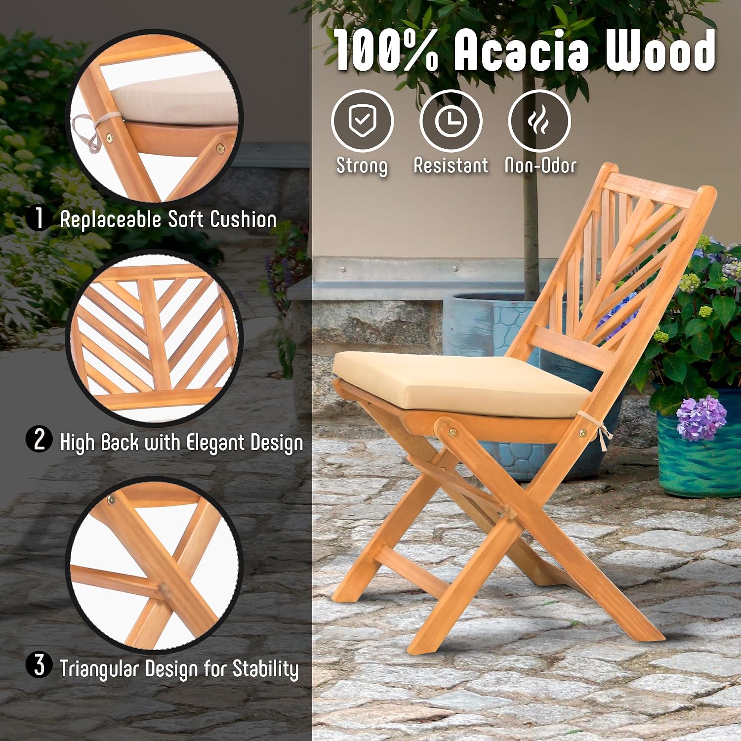 Werph 3-Piece Acacia Wood Patio Set, Foldable Bistro Table and Chairs Set of 2, Small Patio Furniture Set with Cushions, Folding Balcony Chairs Table Set for Apartment, Balcony, Deck or Porch