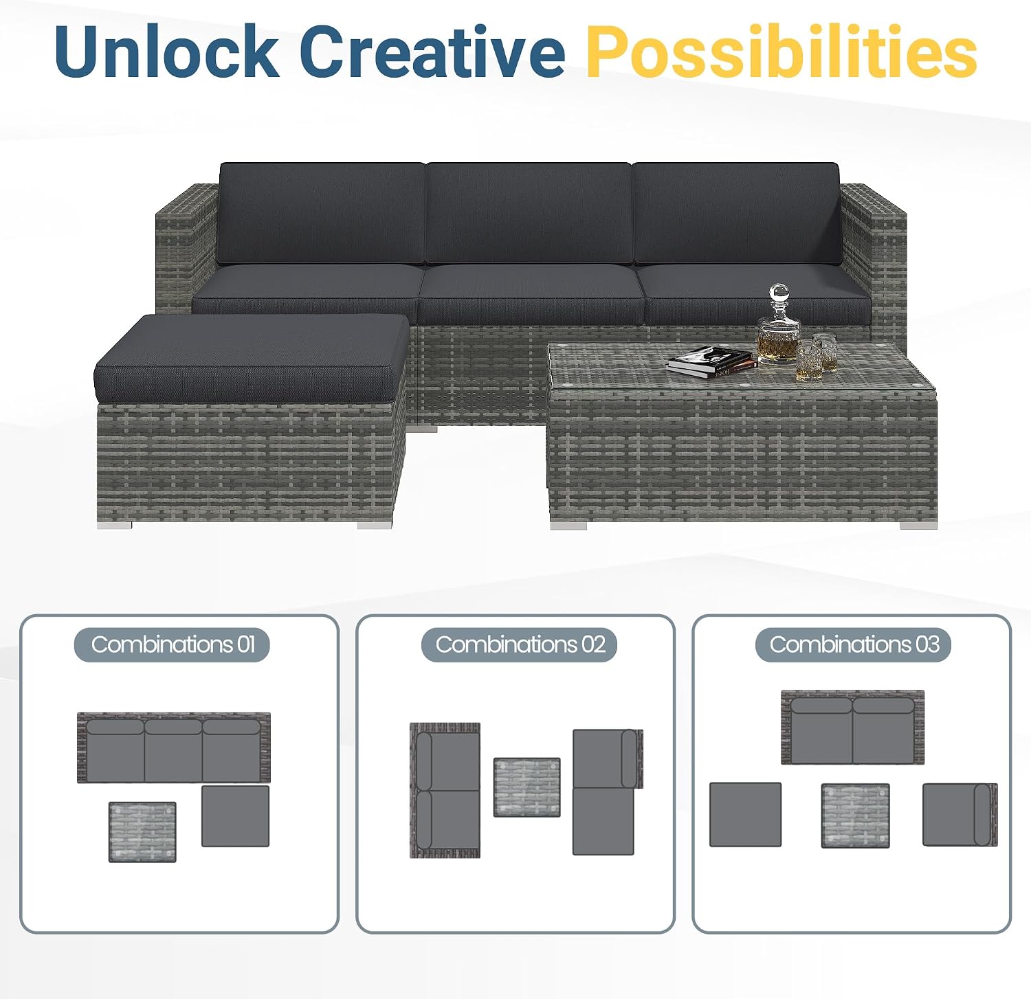 Wisteria Lane Outdoor Patio Furniture Set, All Weather Wicker Rattan Sectional Sofa, Patio Conversation Set with Cushions & Glass Coffee Table for Backyard Porch Garden Balcony, Grey