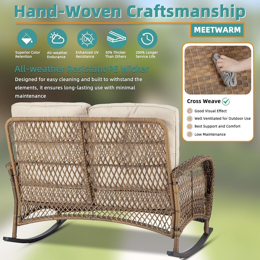 MEETWARM Double Rocking Chair, Oversized Outdoor Rocking Chair for 2 Person, Large Wide Wicker Patio Loveseat with Thick Cushion, All-Weather Rattan Comfy Loveseat Rocker for Patio Porch Deck, Brown