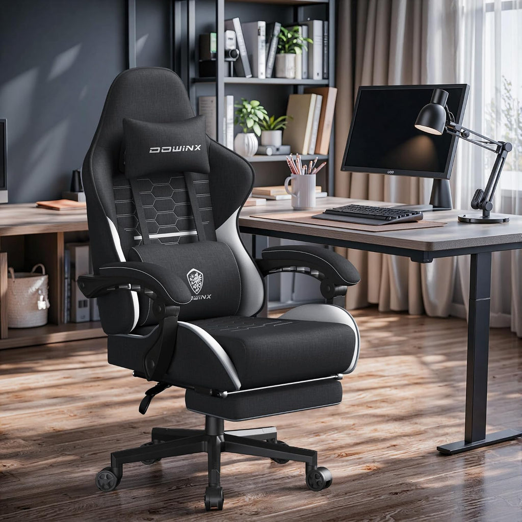 Dowinx Big and Tall Gaming Chair Fabric with Footrest Pocket Spring Cushion for Home Office, High Back Recliner Height Adjustable Ergonomic Comfy Cloth Computer Desk Chair, Black White