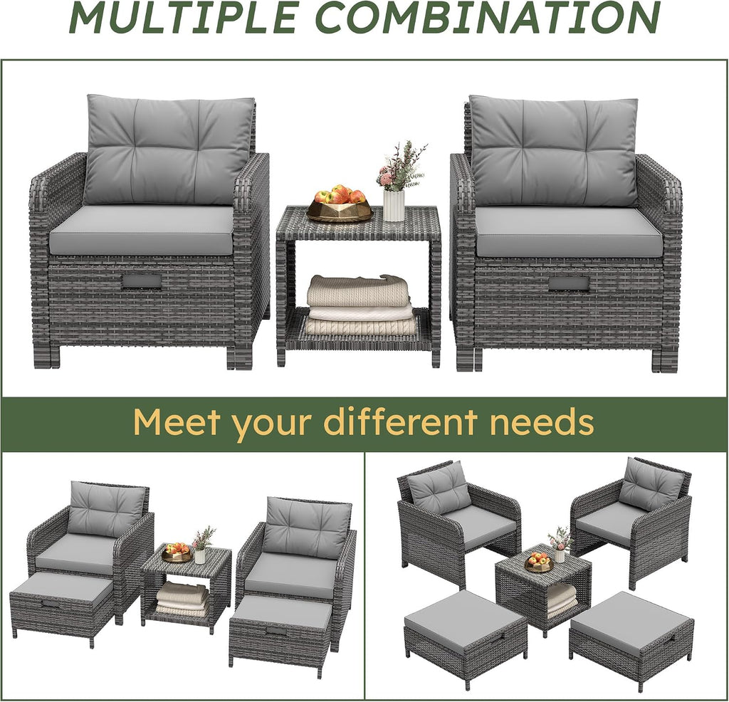 5 Pieces Patio Furniture Set, Hand-Woven Rattan Patio Conversation Set with Soft Cushions & Coffee Table, Outdoor Chairs with Hidden Ottoman for Porch, Lawn, Garden, Balcony, Grey