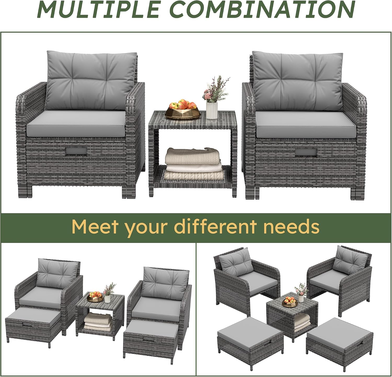 5 Pieces Patio Furniture Set, Hand-Woven Rattan Patio Conversation Set with Soft Cushions & Coffee Table, Outdoor Chairs with Hidden Ottoman for Porch, Lawn, Garden, Balcony, Grey